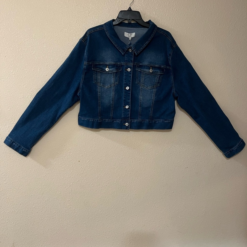 Love Tree Blue Cropped Jean Jacket with Contrast Stitching